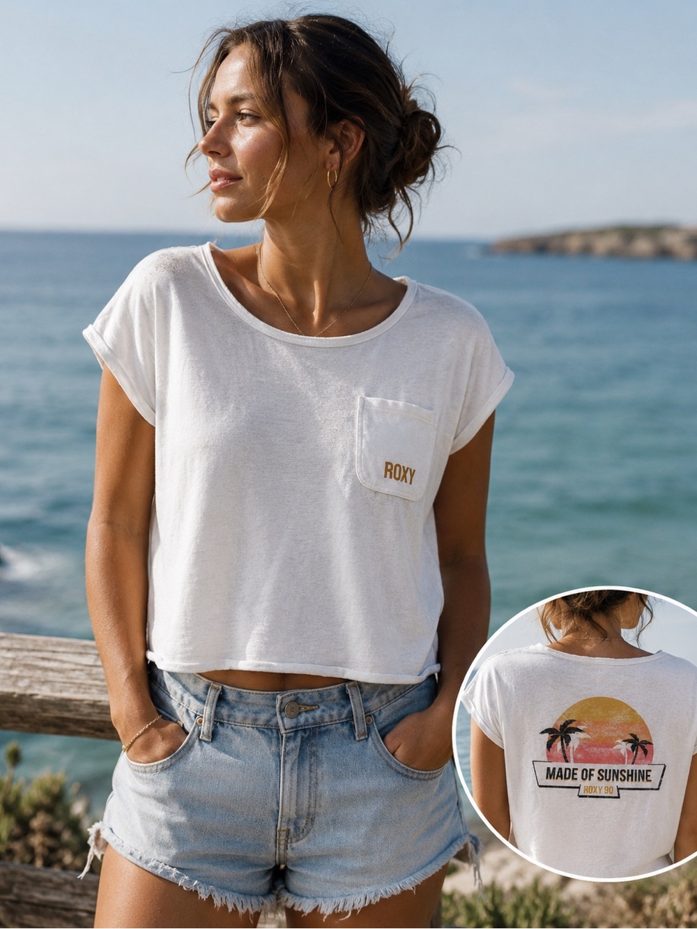 ROXY White Cropped Short-Sleeve Pocket Tee with Colorful Sunset Palm Graphic